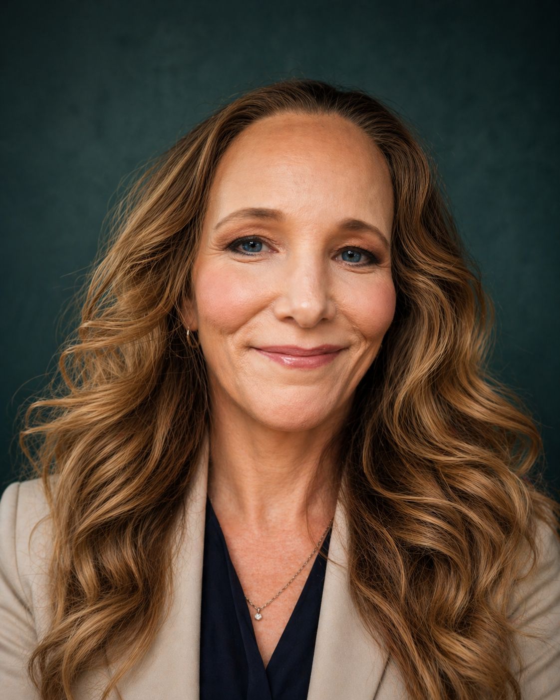 Professional portrait of a neuro wellness educator with long wavy hair, smiling in natural light
